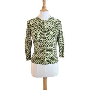Crown & Ivy Navy & Green Geometric Print Cotton Blend 3/4 Sleeve Cardigan, S